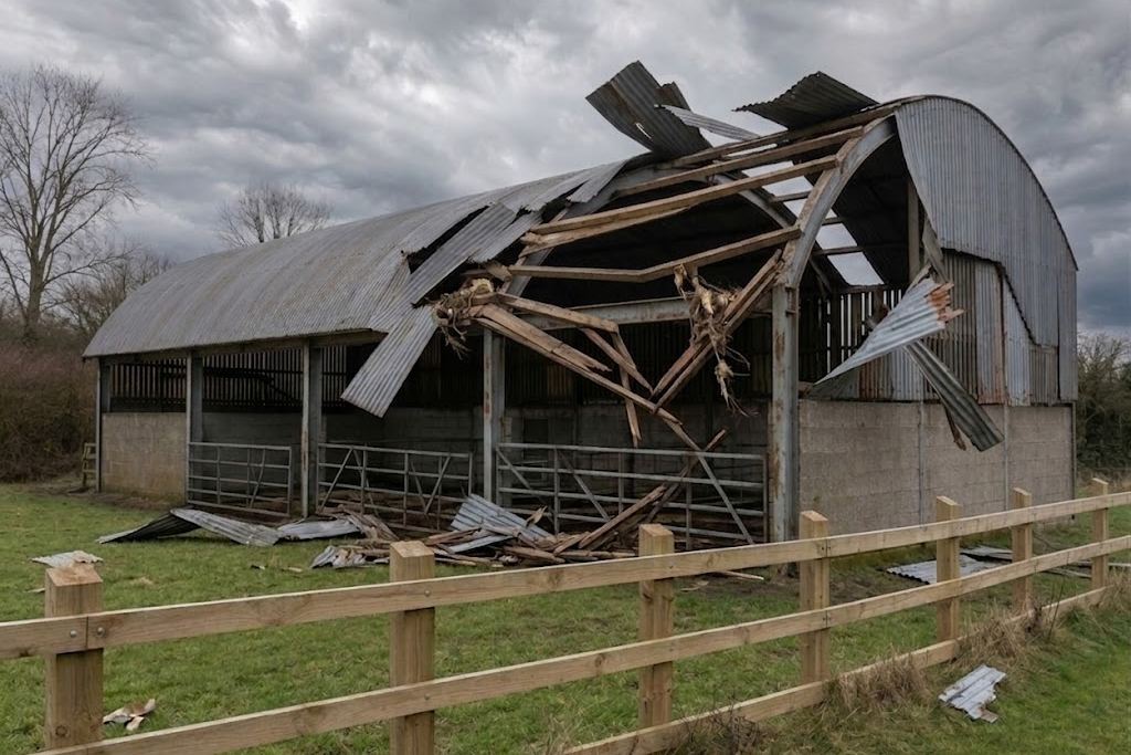 Collapsed roof and scattered galvanised sheeting on a storm-damaged Irish slatted farm shed